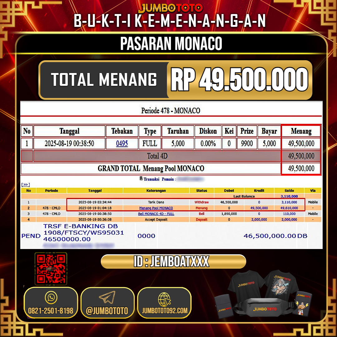 JUMBOTOTO JACKPOT TOGEL PASARAN MONACO Rp.49.500.000 LUNAS USER ID : JEMBOAT***