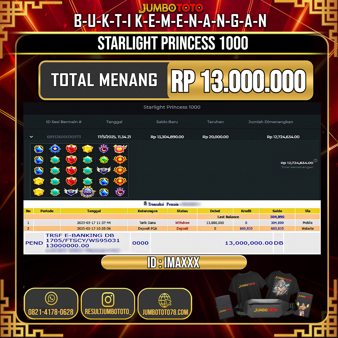 JUMBOTOTO JACKPOT SLOT STARLIGHT PRINCESS 1000 Rp.13.000.000 LUNAS USER ID : IMA***