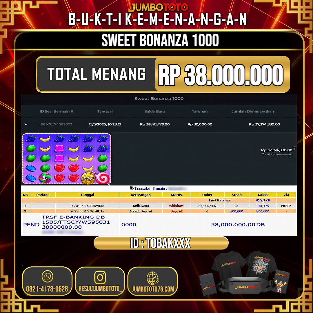 JUMBOTOTO JACKPOT SLOT SWEET BONANZA 1000 Rp.38.000.000 LUNAS USER ID : TOBAK***