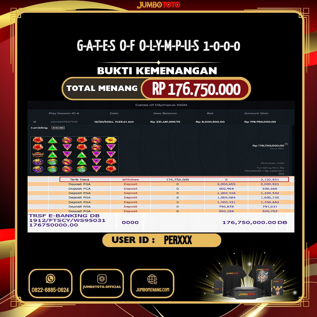 JUMBOTOTO JACKPOT SLOT GATES OF OLYMPUS 1000 Rp.176.750.000,- LUNAS USER ID : PER***