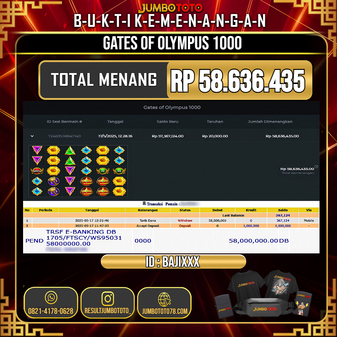 JUMBOTOTO JACKPOT SLOT GATES OF OLYMPUS 1000 Rp.58.636.435 LUNAS USER ID : BAJI***