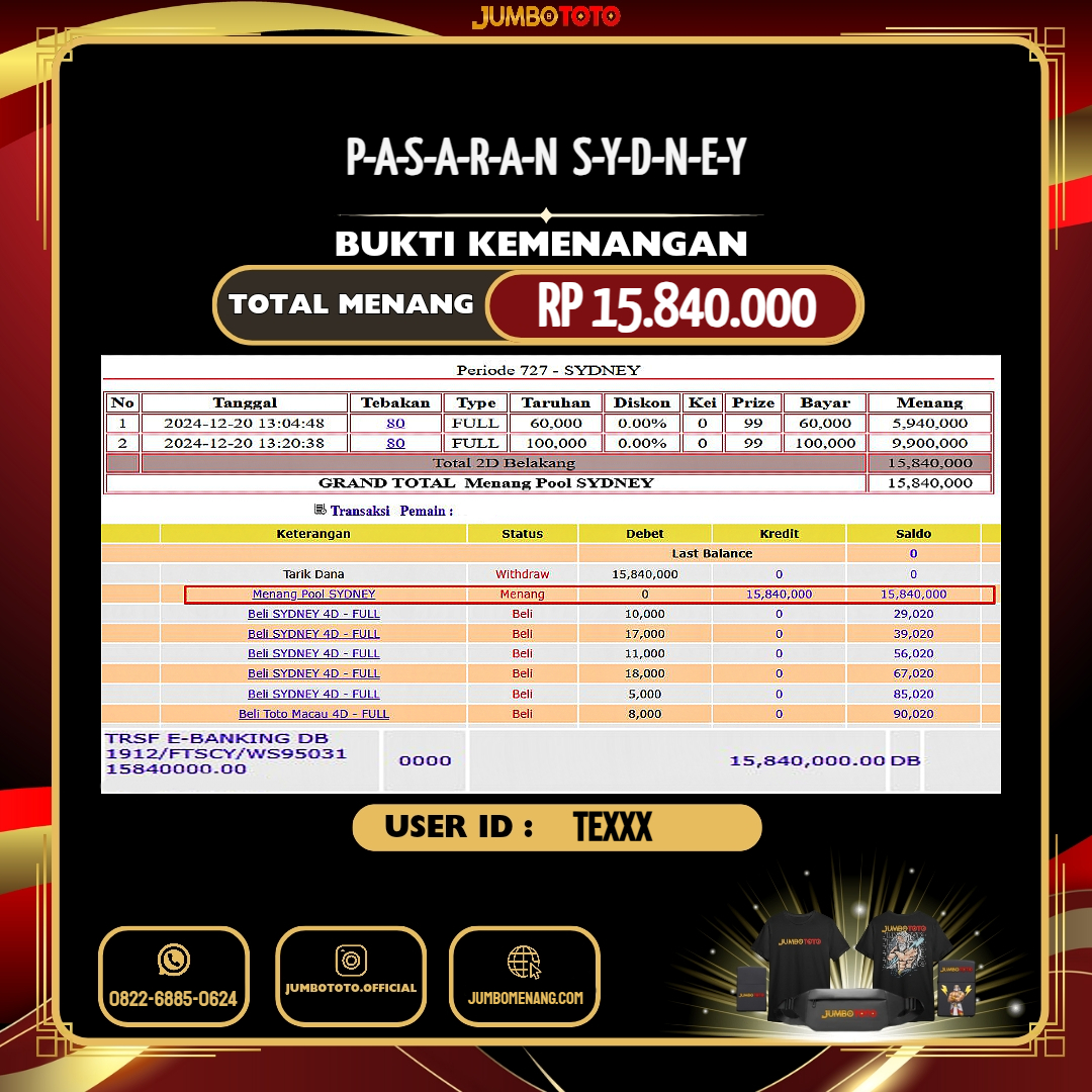 JUMBOTOTO JACKPOT TOGEL PASARAN SYDNEY Rp.15.840.000,- LUNAS USER ID : TE***