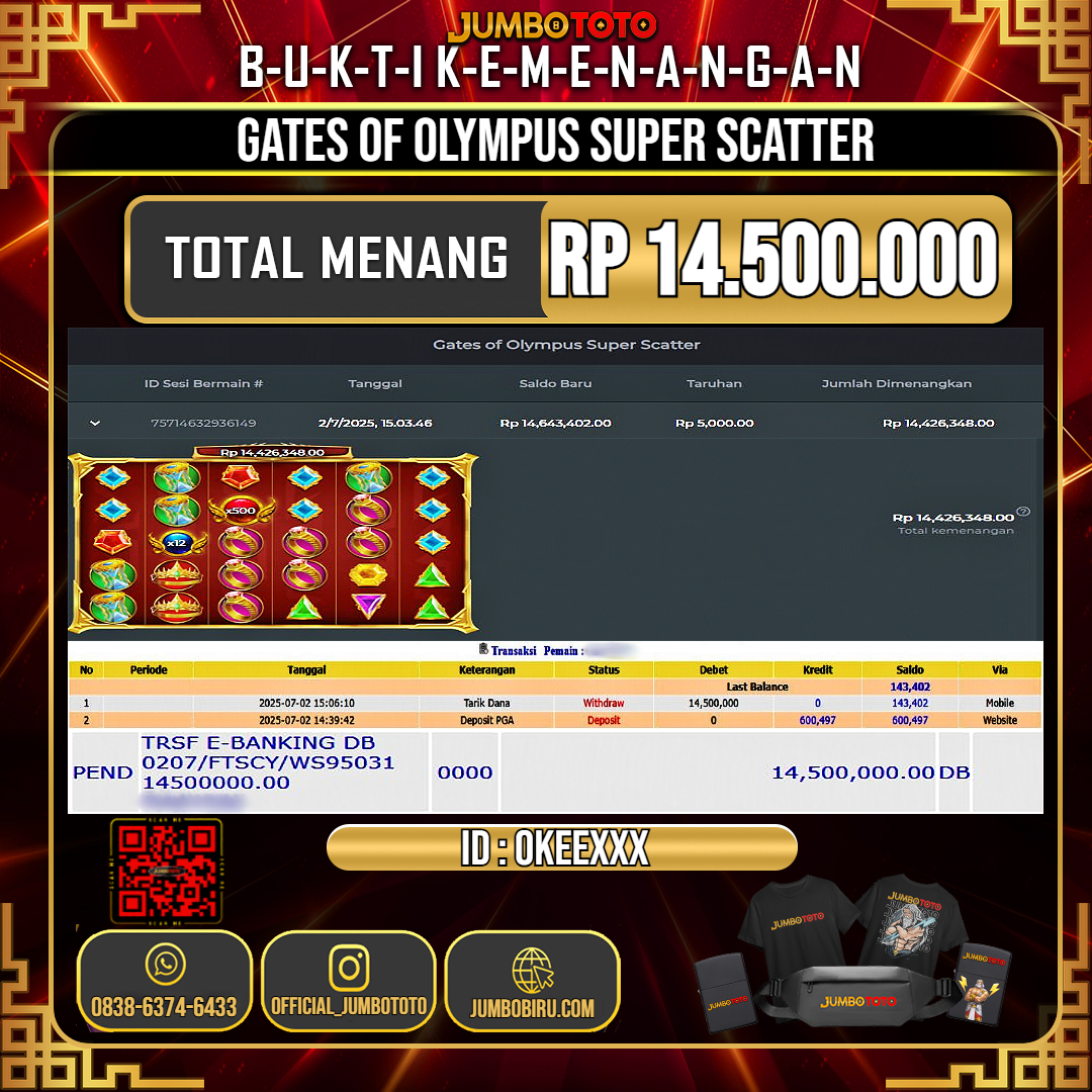 JUMBOTOTO JACKPOT SLOT GATES OF OLYMPUS SUPER SCATTER Rp.14.500.000 LUNAS USER ID : OKEE***