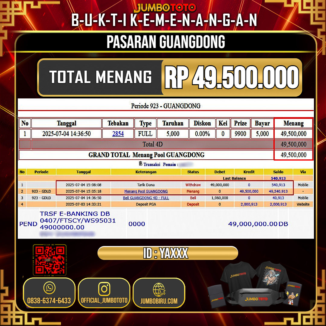 JUMBOTOTO JACKPOT TOGEL PASARAN GUANGDONG Rp.49.500.000 LUNAS USER ID : YA***