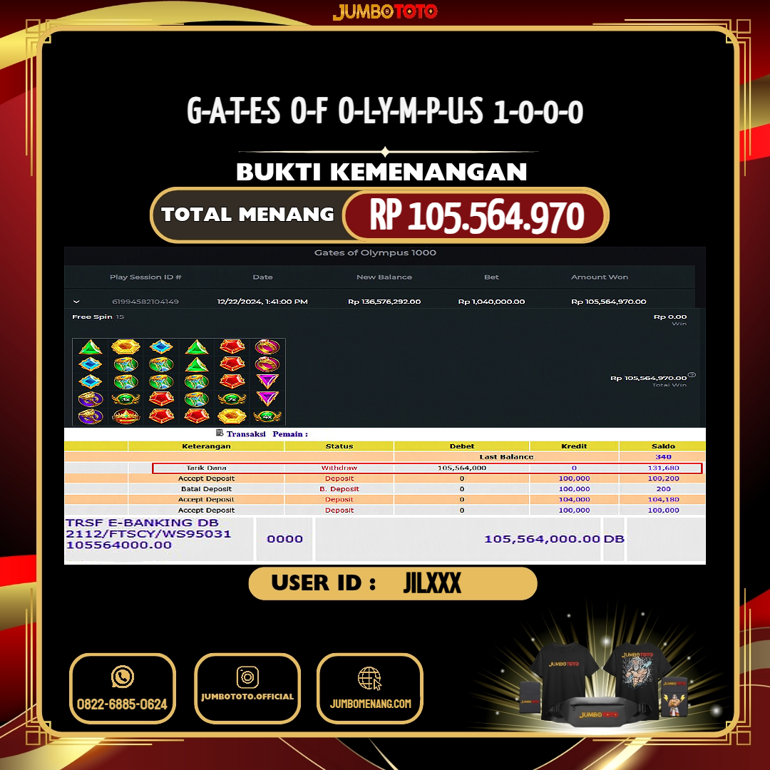 JUMBOTOTO JACKPOT SLOT GATES OF OLYMPUS 1000 Rp.105.564.970,- LUNAS USER ID : JIL***