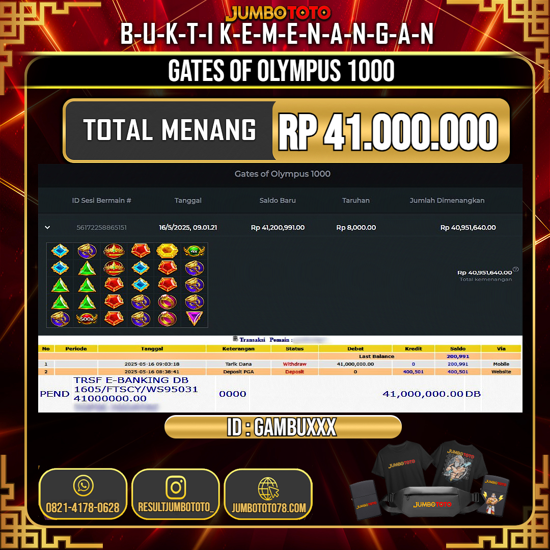 JUMBOTOTO JACKPOT SLOT GATES OF OLYMPUS 1000 Rp.41.000.000 LUNAS USER ID : GAMBU***