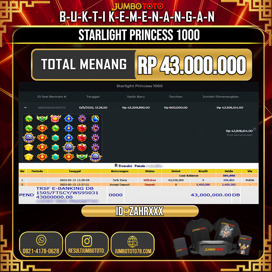 JUMBOTOTO JACKPOT SLOT STARLIGHT PRINCESS 1000 Rp.43.000.000 LUNAS USER ID : ZARH***