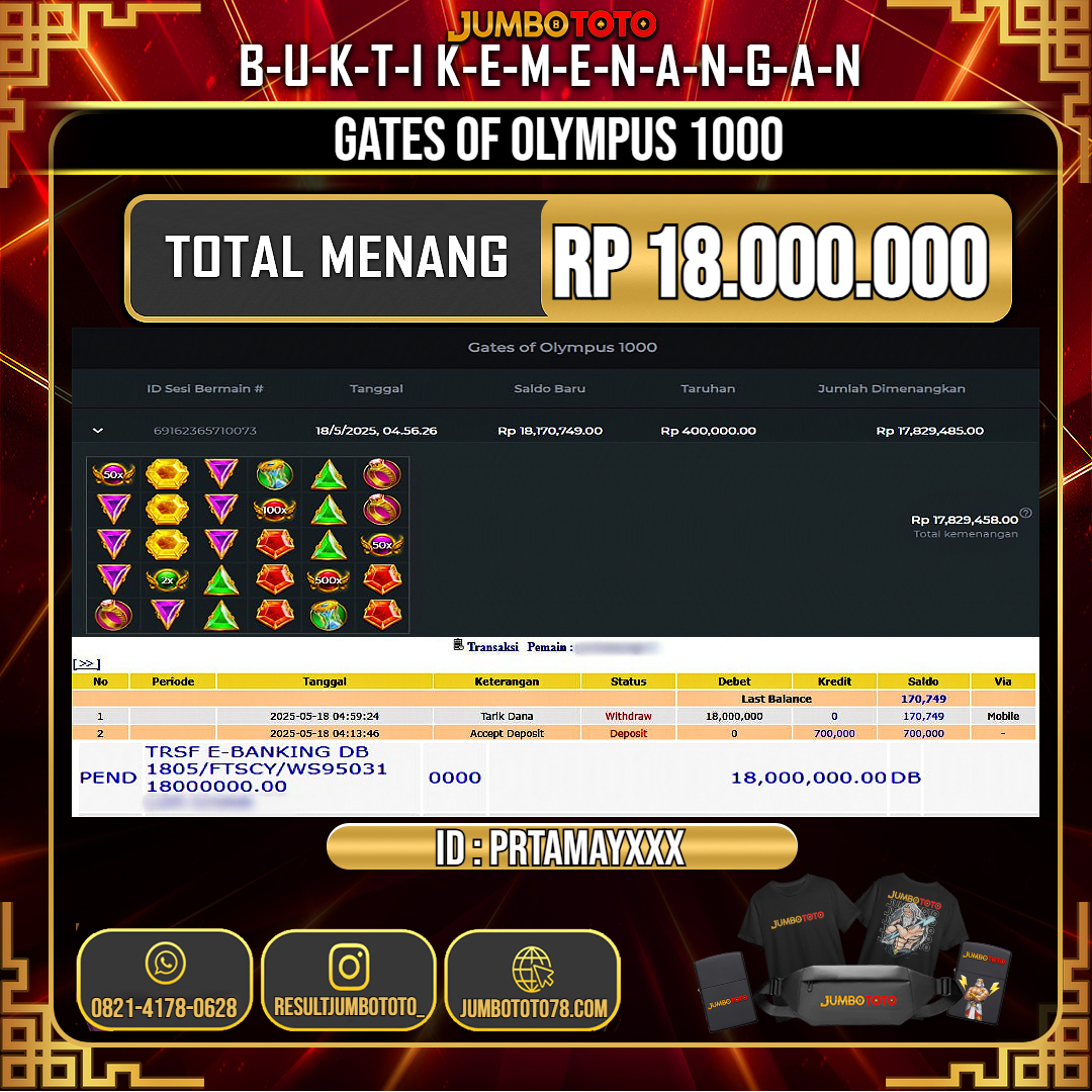 JUMBOTOTO JACKPOT SLOT GATES OF OLYMPUS 1000 Rp.18.000.000 LUNAS USER ID : PRATAMAY***