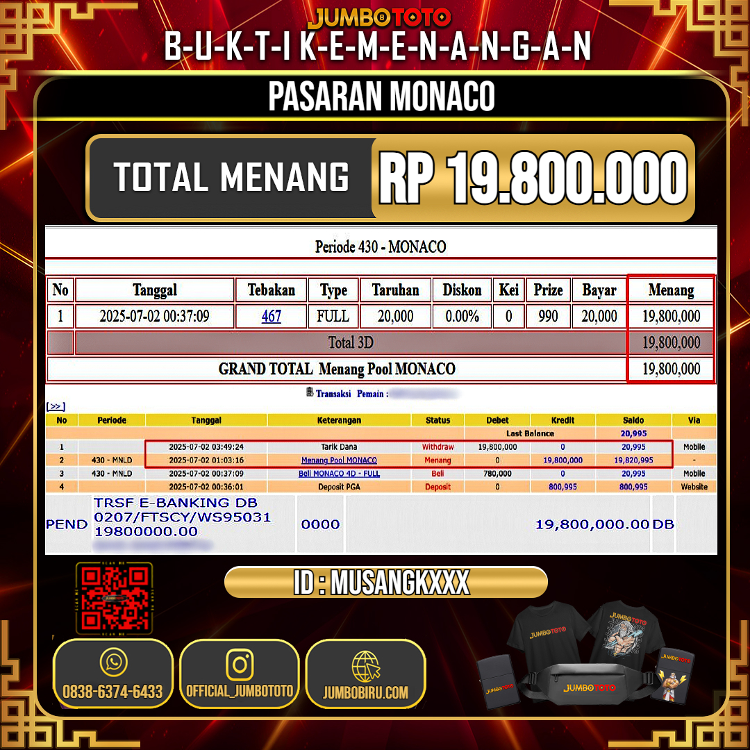 JUMBOTOTO JACKPOT TOGEL PASARAN MONACO Rp.19.800.000 LUNAS USER ID : MUSANGK***