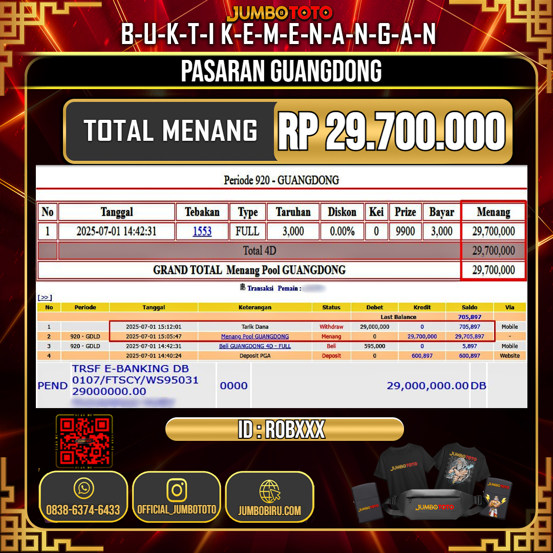 JUMBOTOTO JACKPOT TOGEL PASARAN GUANGDONG Rp.29.700.000 LUNAS USER ID : ROB***