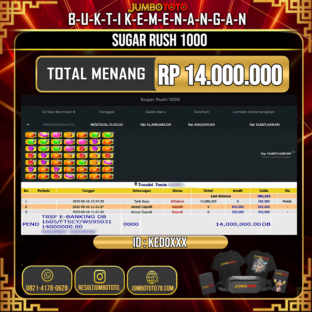 JUMBOTOTO JACKPOT SLOT SUGAR RUSH 1000 Rp.14.000.000 LUNAS USER ID : KEDO***