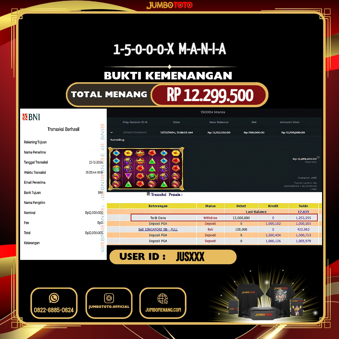 JUMBOTOTO JACKPOT SLOT 15000X MANIA Rp.12.299.500,- LUNAS USER ID : JUS***