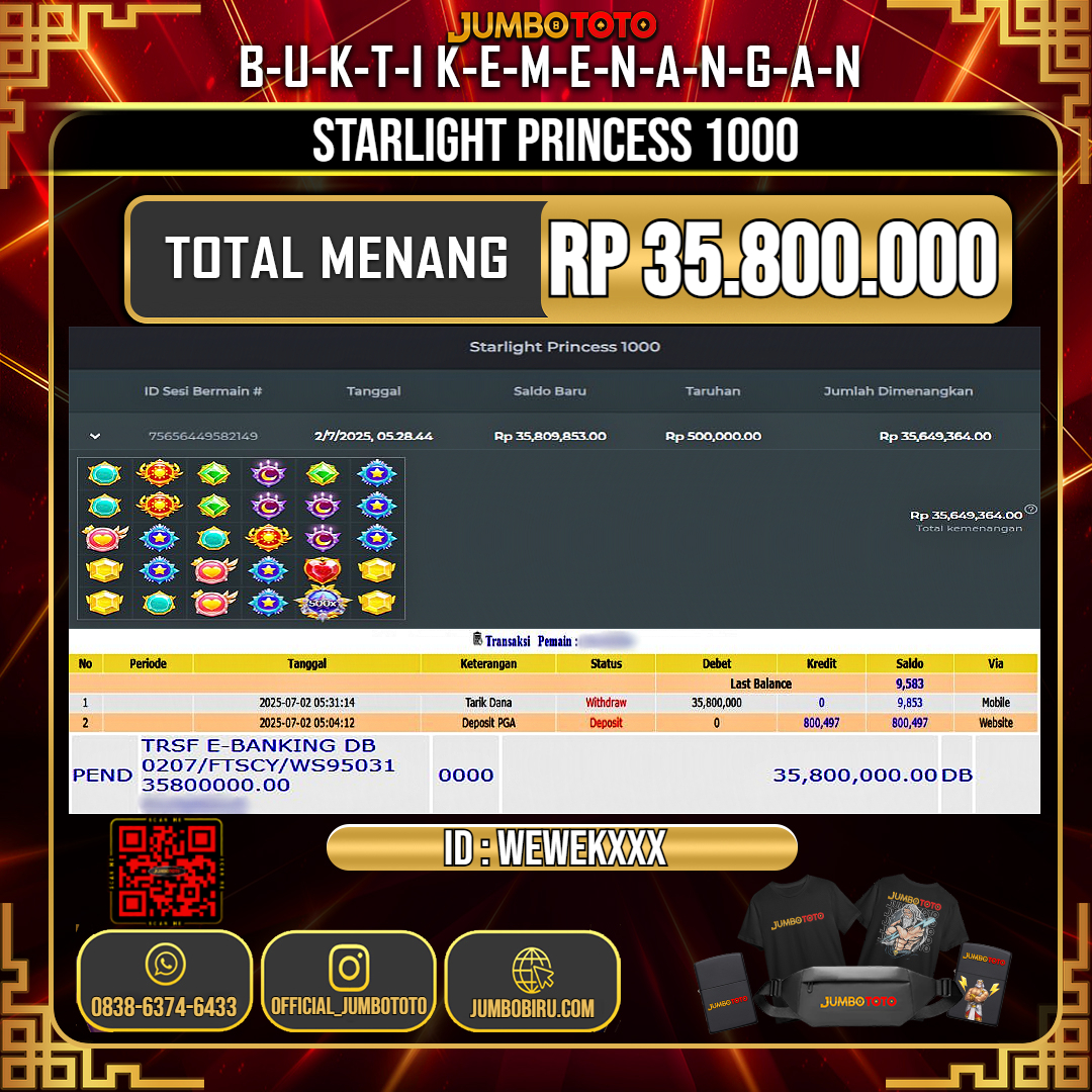 JUMBOTOTO JACKPOT SLOT STARLIGHT PRINCESS 1000 Rp.35.800.000 LUNAS USER ID : WEWEK***