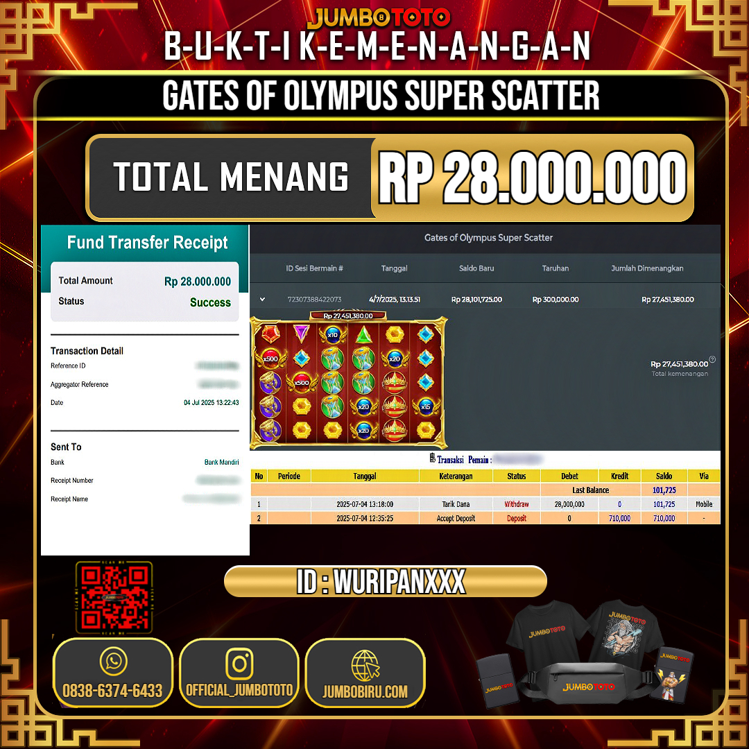 JUMBOTOTO JACKPOT SLOT GATES OF OLYMPUS SUPER SCATTER Rp.28.000.000 LUNAS USER ID : WURIPAN***