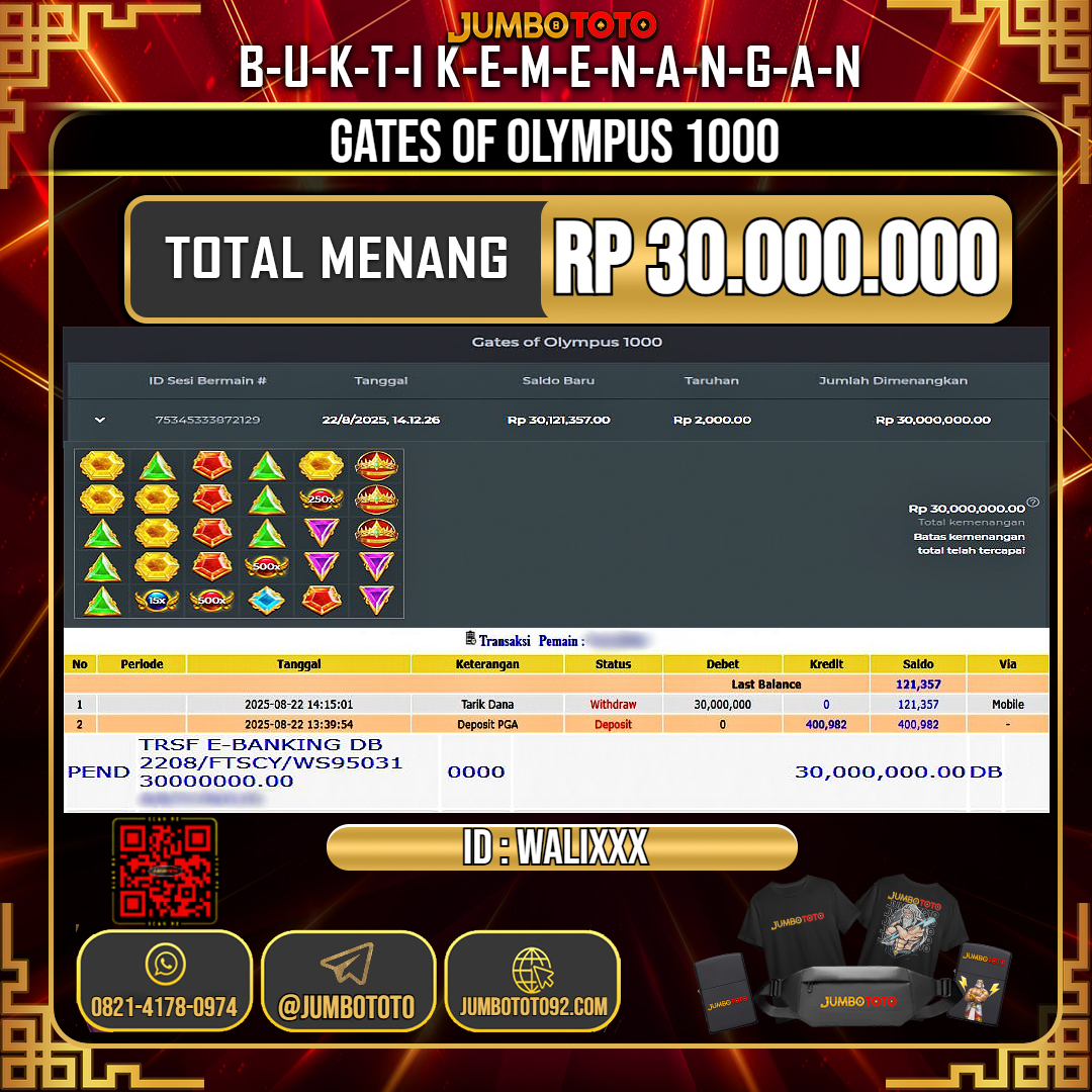 JUMBOTOTO JACKPOT SLOT GATES OF OLYMPUS 1000 Rp.30.000.000 LUNAS USER ID : WALI***