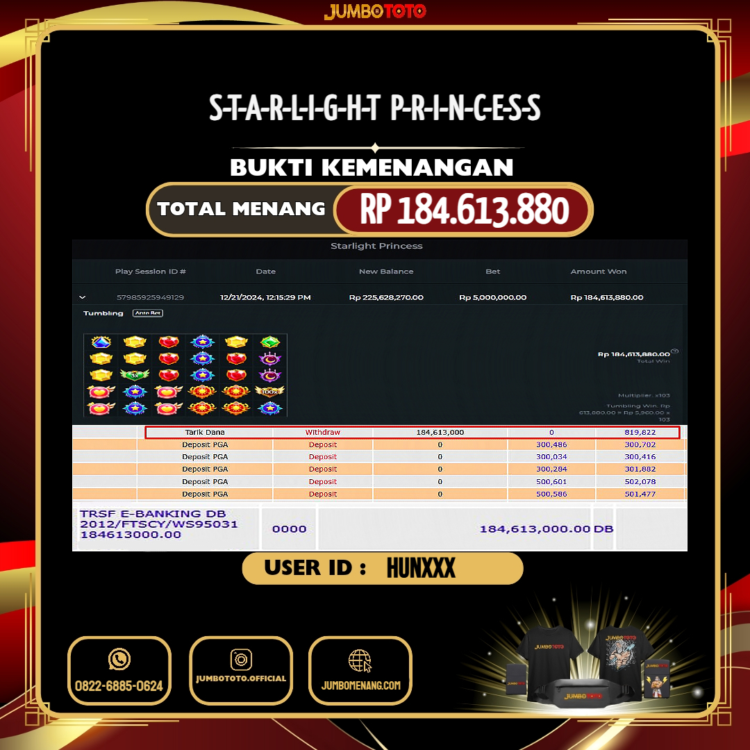 JUMBOTOTO JACKPOT SLOT STARLIGHT PRINCESS Rp.184.613.880,- LUNAS USER ID : HUN***