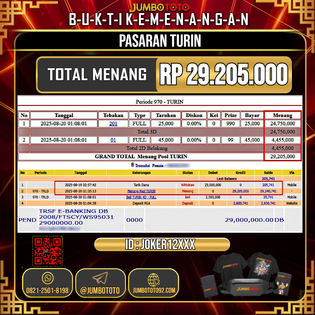 JUMBOTOTO JACKPOT TOGEL PASARAN TURIN Rp.29.205.000 LUNAS USER ID : JOKER12***