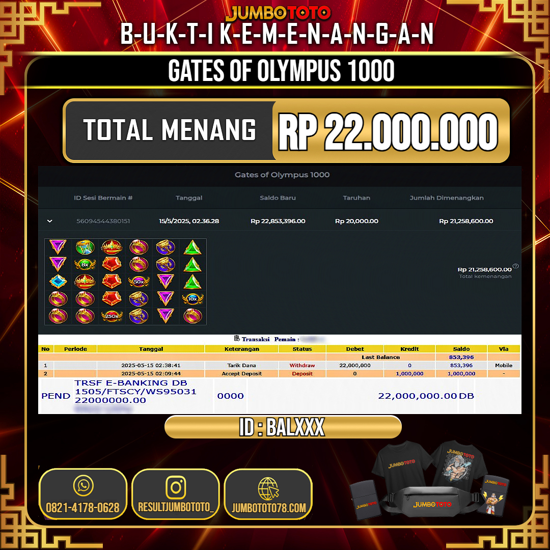 JUMBOTOTO JACKPOT SLOT GATES OF OLYMPUS 1000 Rp.22.000.000 LUNAS USER ID : BAL***