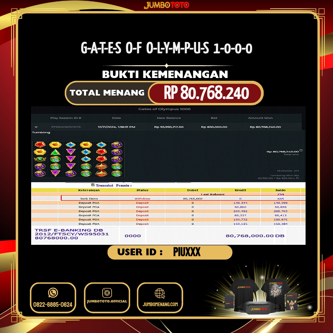 JUMBOTOTO JACKPOT SLOT GATES OF OLYMPUS 1000 Rp.80.768.240,- LUNAS USER ID : PIU***