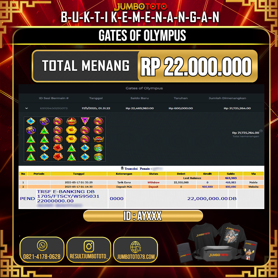 JUMBOTOTO JACKPOT SLOT GATES OF OLYMPUS Rp.22.000.000 LUNAS USER ID : AY***