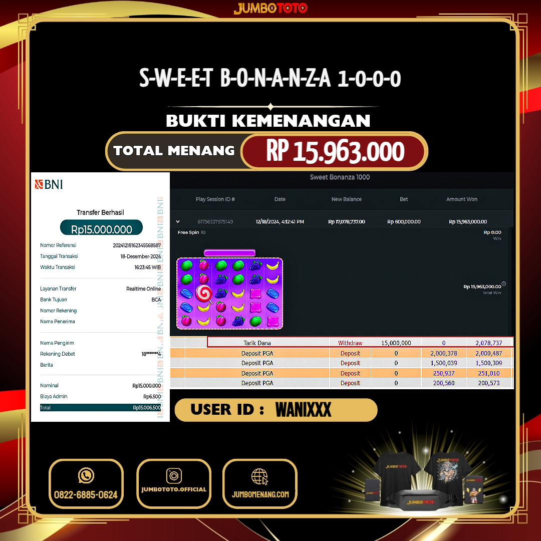 JUMBOTOTO JACKPOT SLOT SWEET BONANZA 1000 Rp.15.963.000,- LUNAS USER ID : WANI***