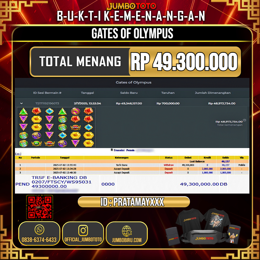 JUMBOTOTO JACKPOT SLOT GATES OF OLYMPUS Rp.49.300.000 LUNAS USER ID : PRATAMAY***