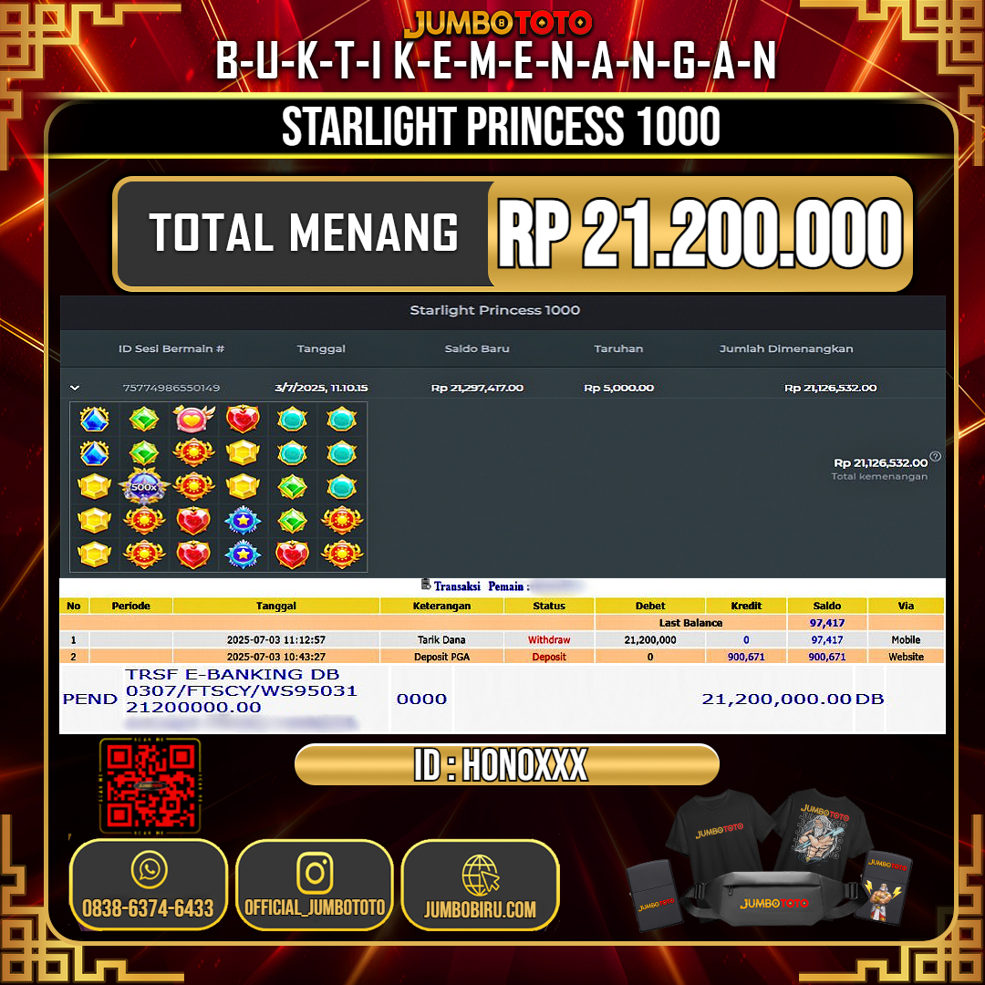 JUMBOTOTO JACKPOT SLOT STARLIGHT PRINCESS 1000 Rp.21.200.000 LUNAS USER ID : HONO***