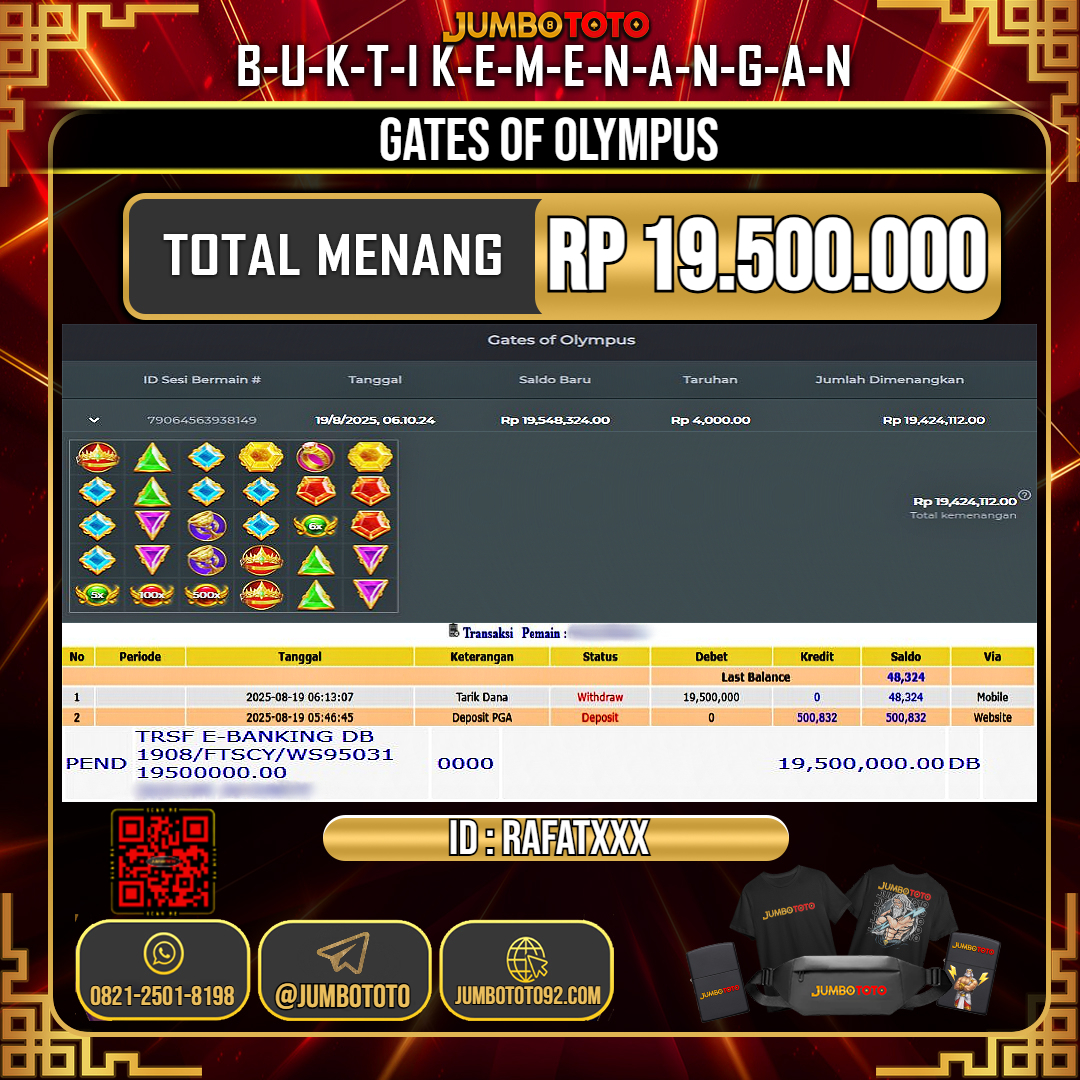JUMBOTOTO JACKPOT SLOT GATES OF OLYMPUS Rp.19.500.000 LUNAS USER ID : RAFAT***