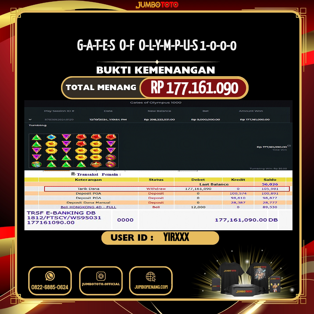 JUMBOTOTO JACKPOT SLOT GATES OF OLYMPUS 1000 Rp.177.161.090,- LUNAS USER ID : YIR***