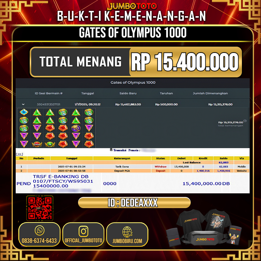 JUMBOTOTO JACKPOT SLOT GATES OF OLYMPUS 1000 Rp.15.400.000 LUNAS USER ID : DEDEA***