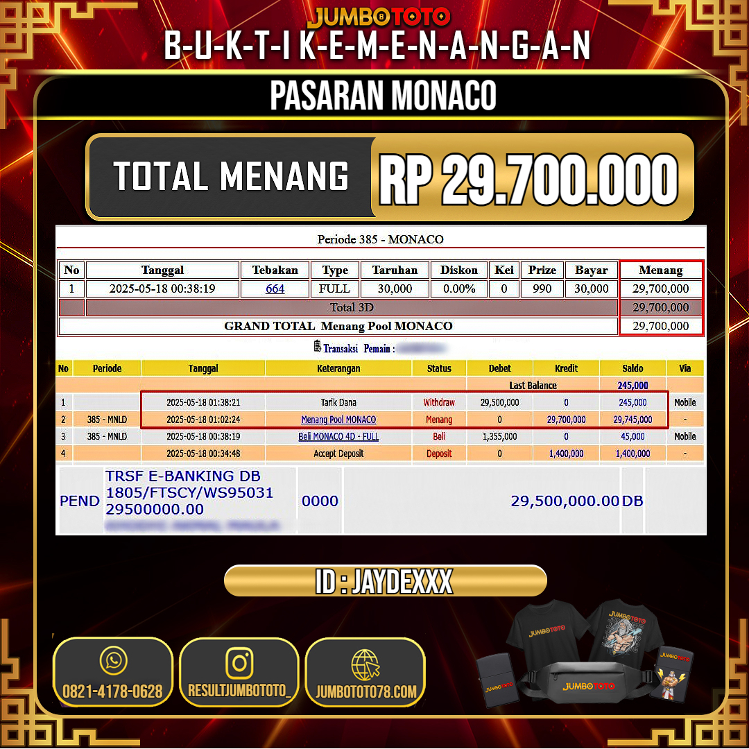 JUMBOTOTO JACKPOT TOGEL PASARAN MONACO Rp.29.700.000 LUNAS USER ID : JAYDE***