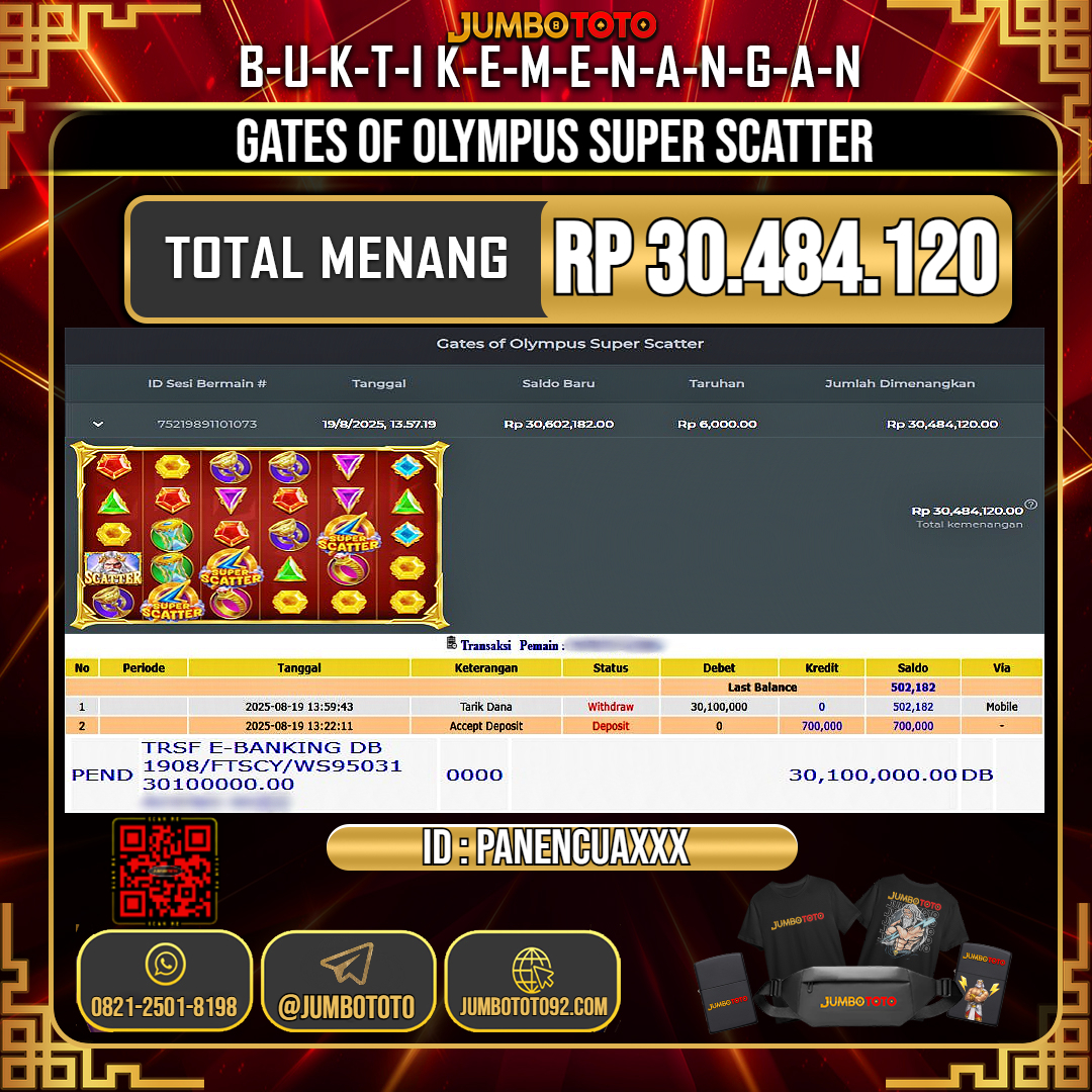 JUMBOTOTO JACKPOT SLOT GATES OF OLYMPUS SUPER SCATTER Rp.30.484.120 LUNAS USER ID : PANENCUA***