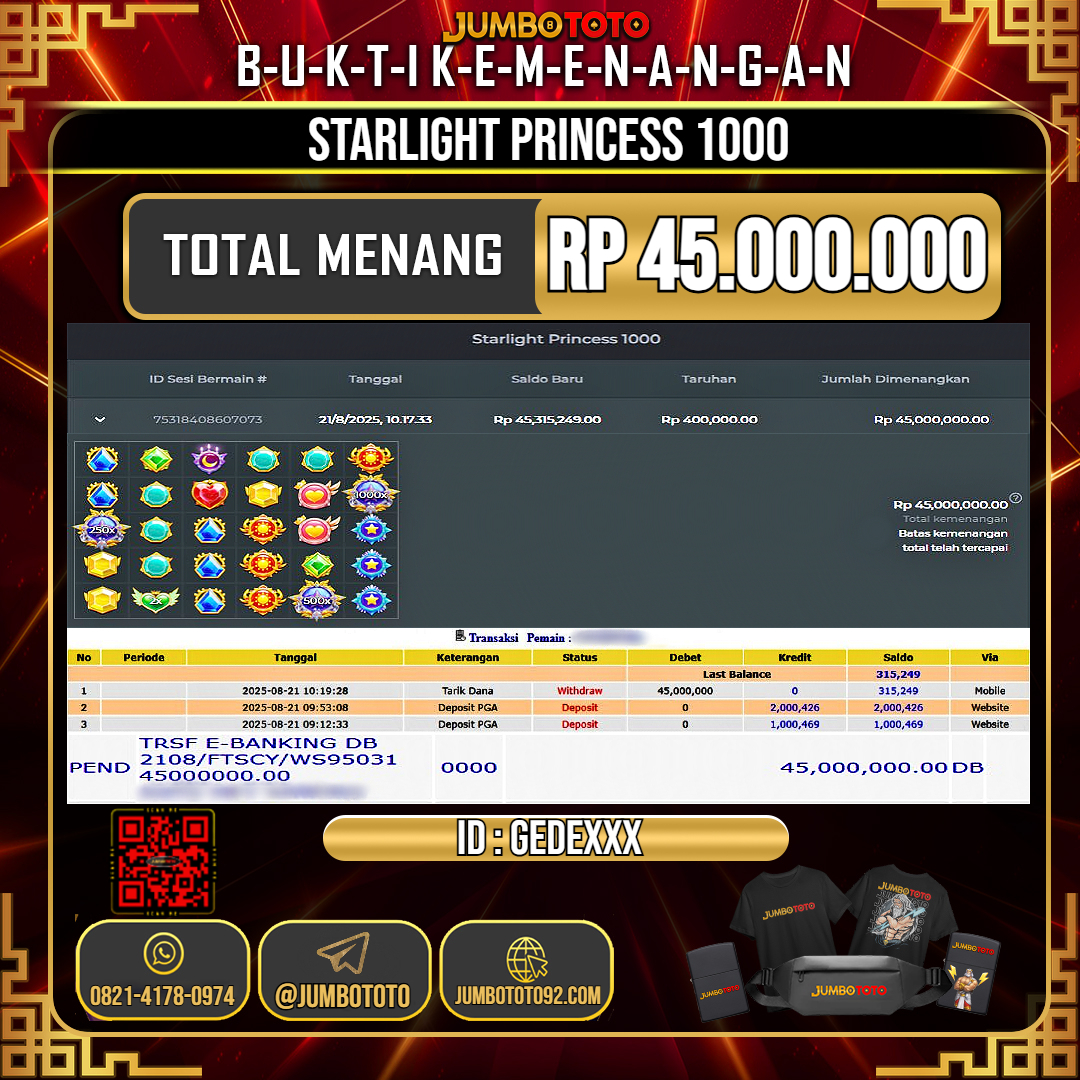 JUMBOTOTO JACKPOT SLOT STARLIGHT PRINCESS Rp.45.000.000 LUNAS USER ID : GEDE***