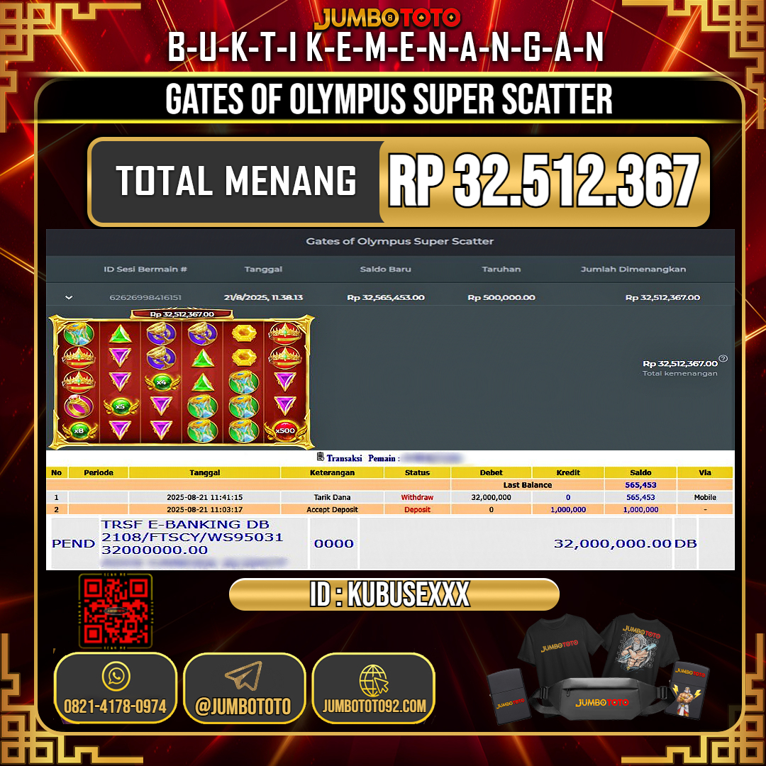 JUMBOTOTO JACKPOT SLOT GATES OF OLYMPUS SUPER SCATTER Rp.32.512.367 LUNAS USER ID : KUBUSE***