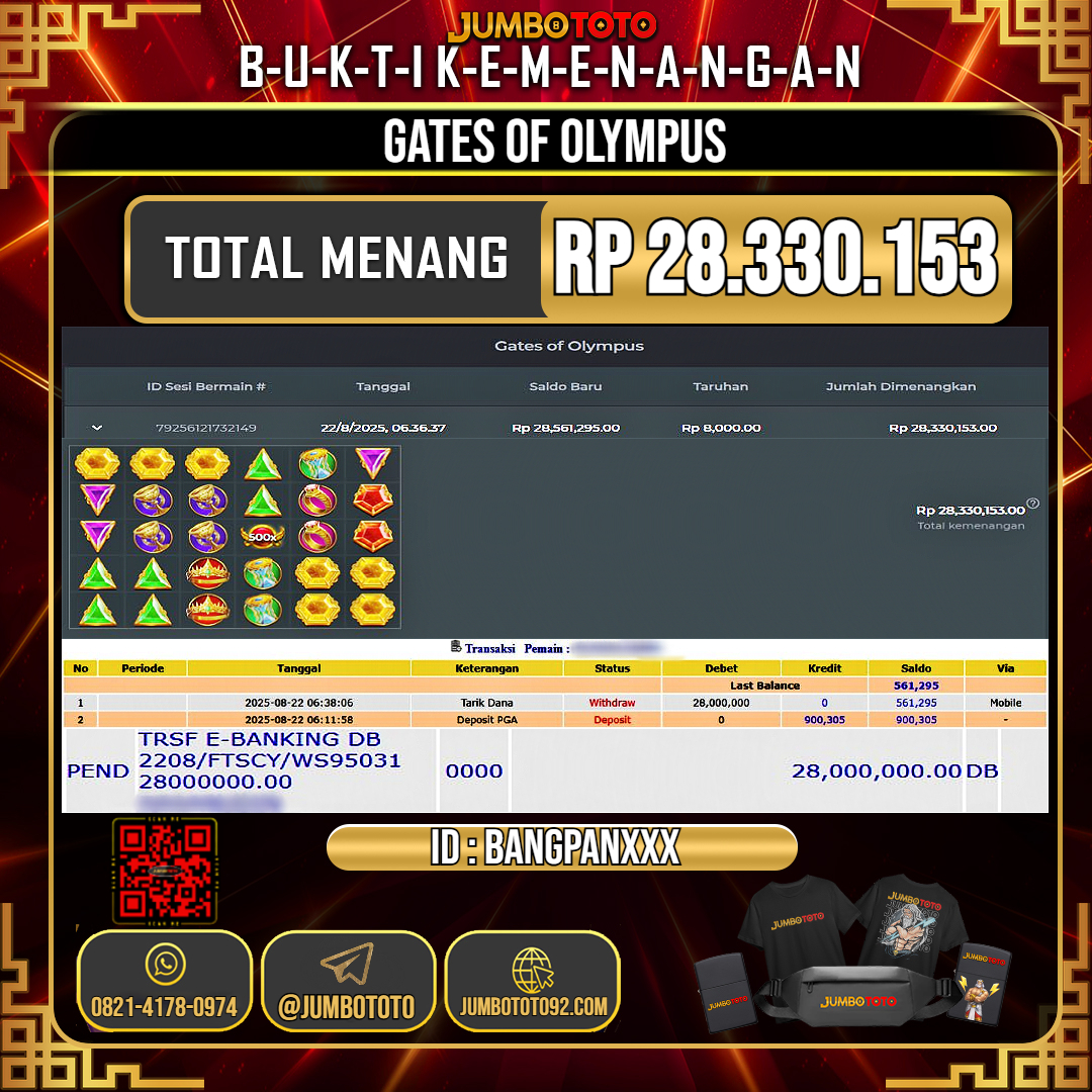 JUMBOTOTO JACKPOT SLOT GATES OF OLYMPUS Rp.28.330.153 LUNAS USER ID : BANGPAN***