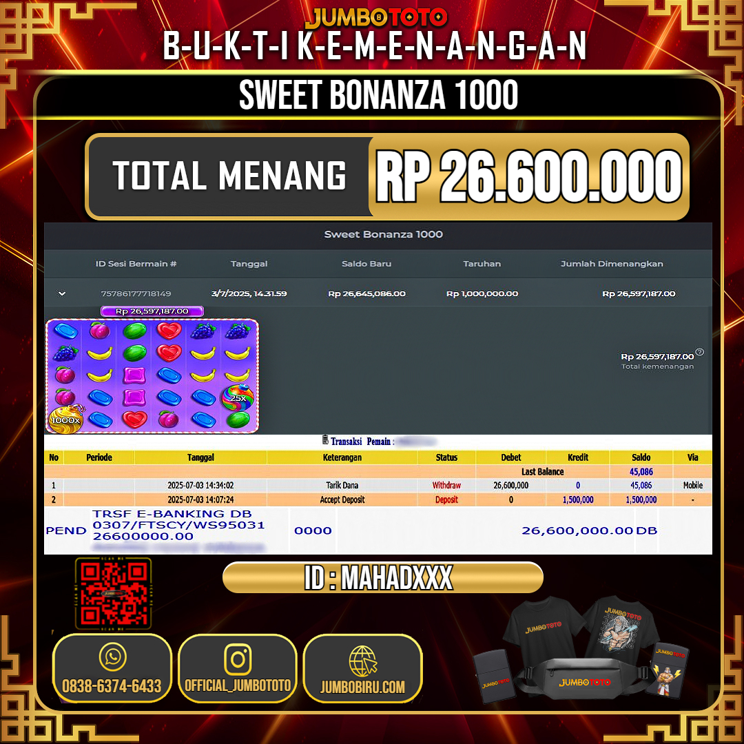 JUMBOTOTO JACKPOT SLOT SWEET BONANZA 1000 Rp.26.600.000 LUNAS USER ID : MAHAD***