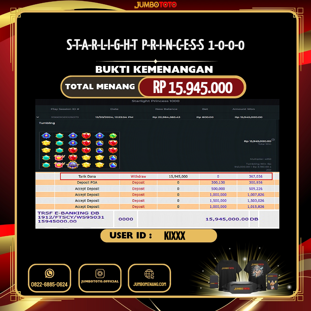 JUMBOTOTO JACKPOT SLOT STARLIGHT PRINCESS 1000 Rp.15.945.000,- LUNAS USER ID : KI***