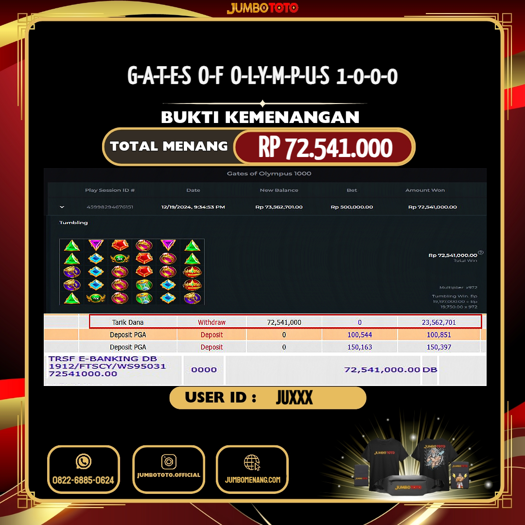 JUMBOTOTO JACKPOT SLOT GATES OF OLYMPUS 1000 Rp.72.541.000,- LUNAS USER ID : JU***