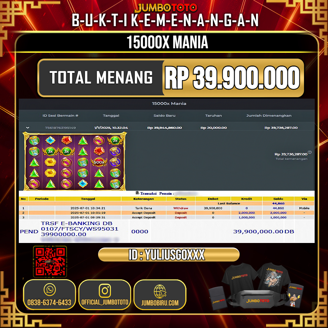 JUMBOTOTO JACKPOT SLOT 15000X MANIA Rp.39.900.000 LUNAS USER ID : YULIUSGO***