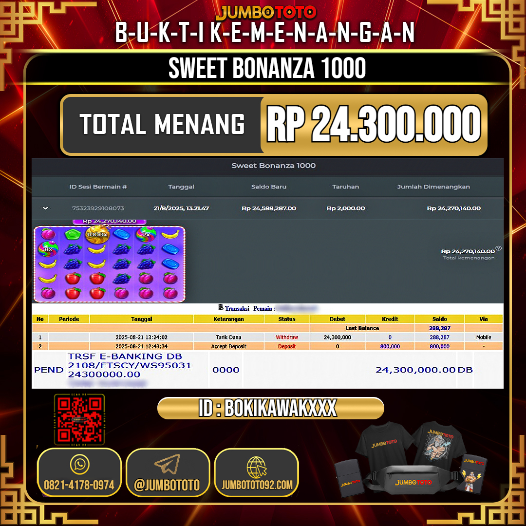 JUMBOTOTO JACKPOT SLOT SWEET BONANZA 1000 Rp.24.300.000 LUNAS USER ID : BOKIKAWAK***