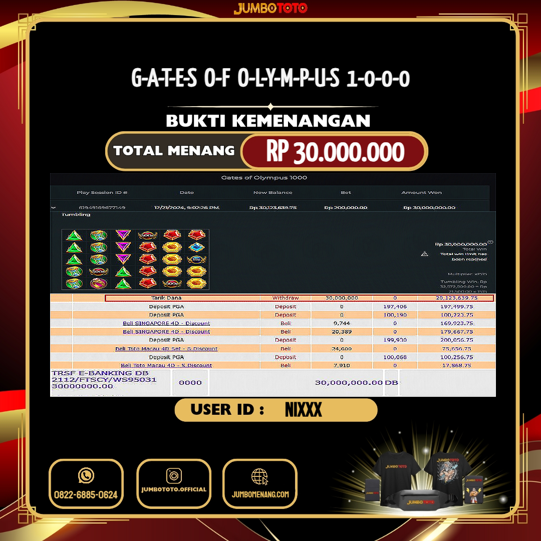 JUMBOTOTO JACKPOT SLOT GATES OF OLYMPUS 1000 Rp.30.000.000,- LUNAS USER ID : NI***