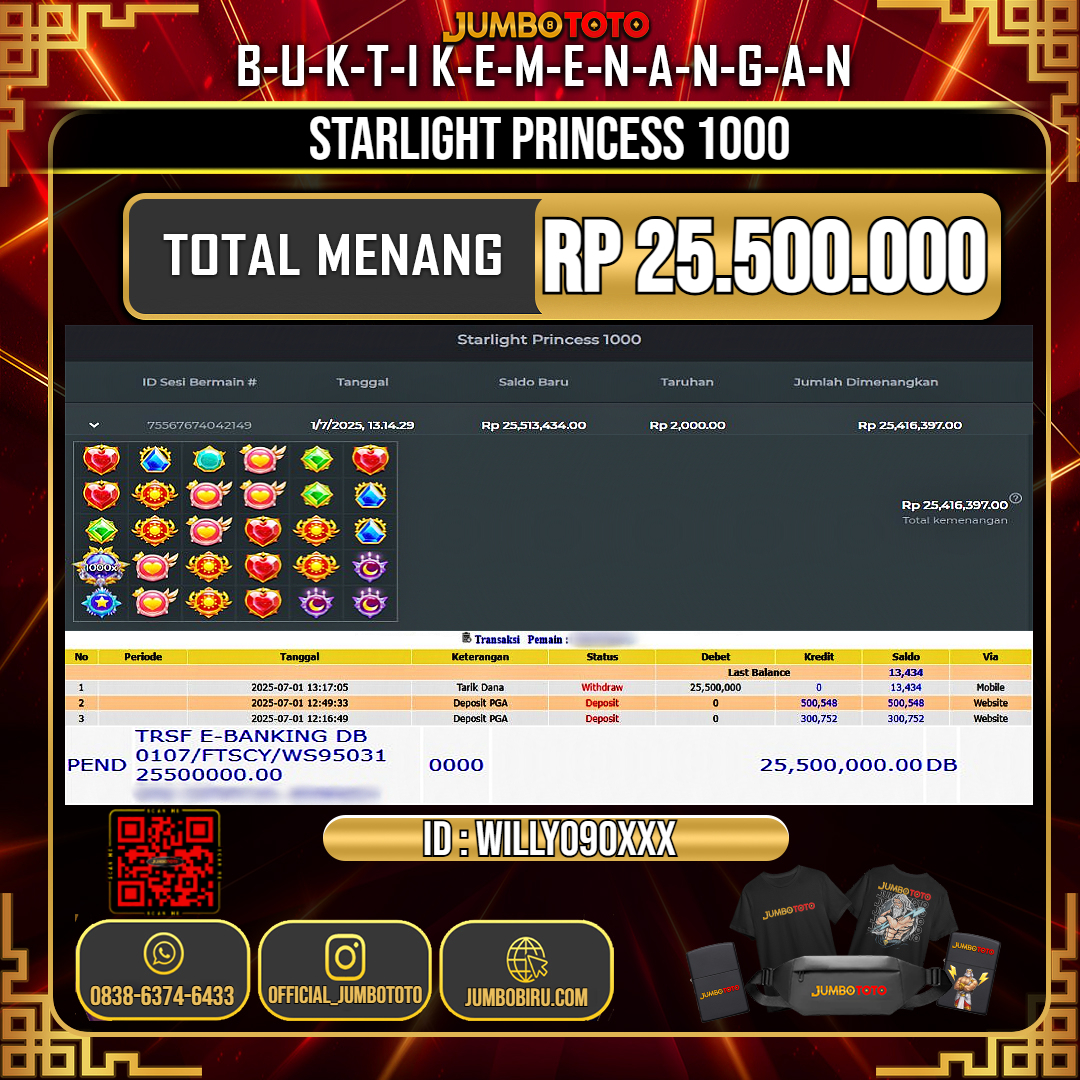 JUMBOTOTO JACKPOT SLOT STARLIGHT PRINCESS 1000 Rp.25.500.000 LUNAS USER ID : WILLY090***