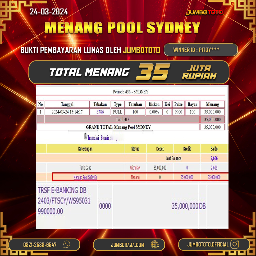 JUMBOTOTO JACKPOT TOGEL PASARAN SYDNEY Rp.35.000.000,- LUNAS