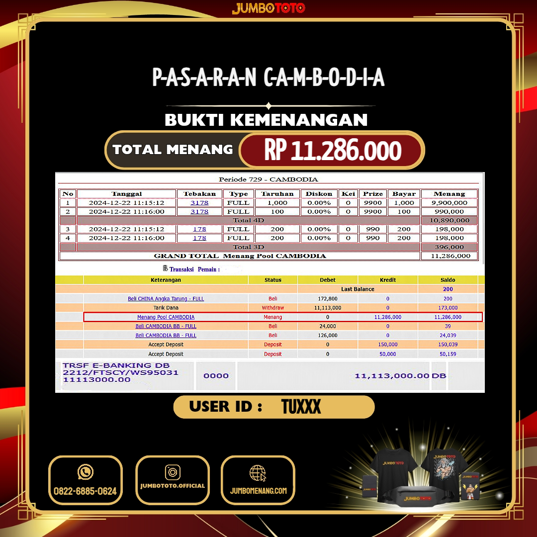 JUMBOTOTO JACKPOT TOGEL PASARAN CAMBODIA Rp.11.286.000,- LUNAS USER ID : TU***