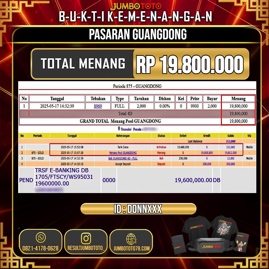 JUMBOTOTO JACKPOT TOGEL PASARAN GUANGDONG Rp.19.800.000 LUNAS USER ID : DONN***