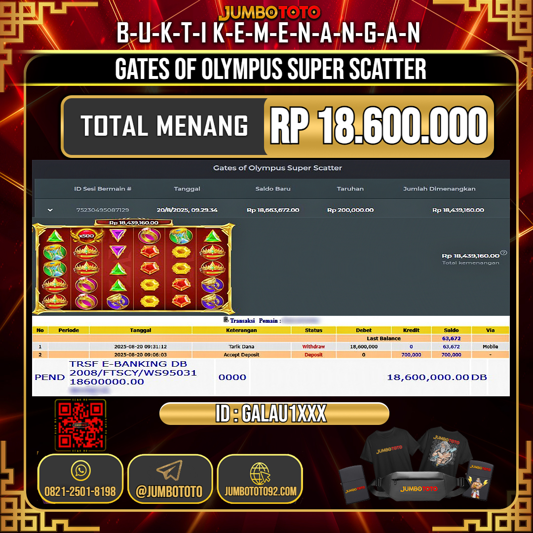 JUMBOTOTO JACKPOT SLOT GATES OF OLYMPUS SUPER SCATTER Rp.18.600.000 LUNAS USER ID : GALAU1***