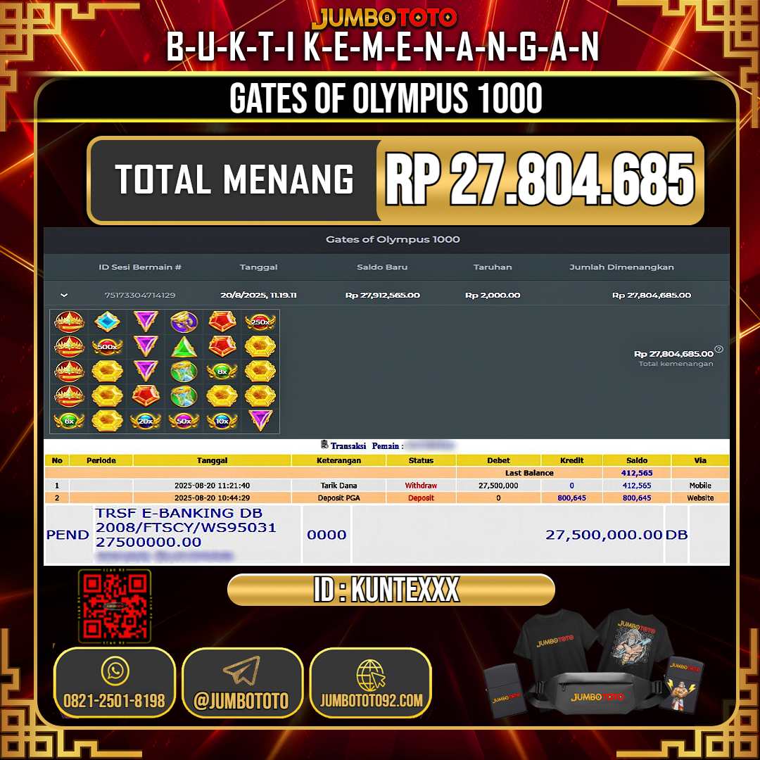 JUMBOTOTO JACKPOT SLOT GATES OF OLYMPUS 1000 Rp.27.804.685 LUNAS USER ID : KUNTE***