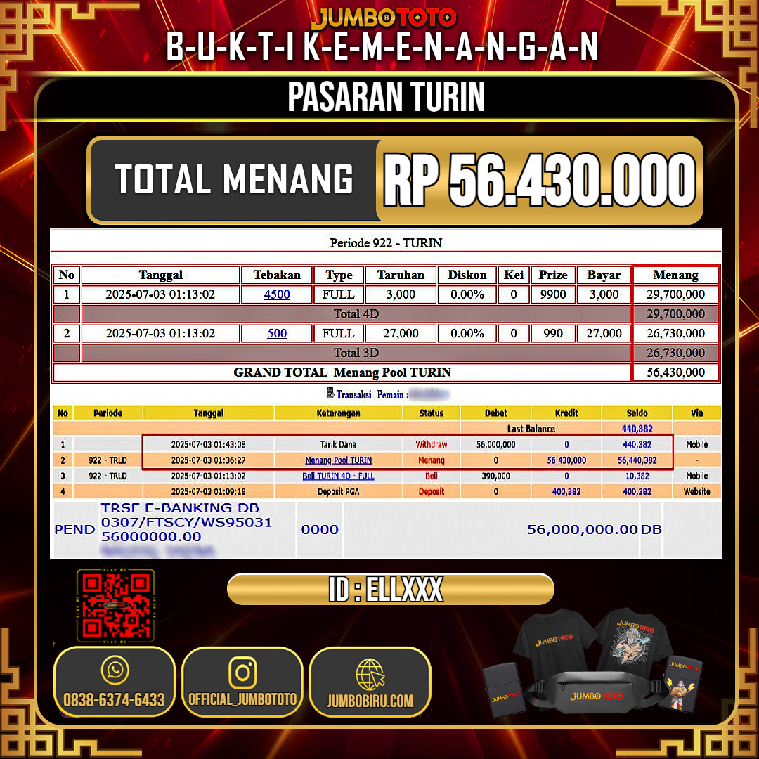 JUMBOTOTO JACKPOT TOGEL PASARAN TURIN Rp.56.430.000 LUNAS USER ID : ELL***